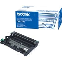 Brother DR-2100 printer drum, black with green tabs, next to blue and white packaging box.