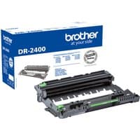 Brother DR-2400 printer drum, black and green components, next to branded blue and white packaging box.
