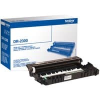 Brother DR-2300 drum unit, black plastic casing, shown with packaging box featuring blue text and image of the unit.