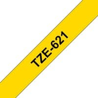 Yellow Brother Labelling Tape 9mm with black text "TZE-621" diagonally across.