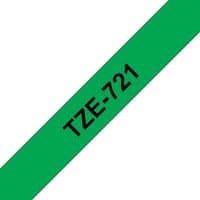 Green Brother Laminated tape 9mm with black text "TZE-721" diagonally across the tape.