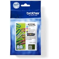 Brother LC422XL ink cartridge pack with black, cyan, magenta, yellow cartridges in blue packaging.