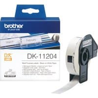 Brother Multi Purpose Labels, white roll with black text, in blue and white packaging, model DK-11204.