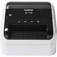 Brother QL-1100c label printer, black and white, with control buttons and paper feed slot on the front.