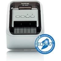White Brother QL-800 label printer with black top, three buttons, and front label slot.