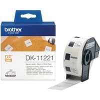 Brother square paper label roll with black text on white, in a blue box labeled DK-11221, featuring sample labels.