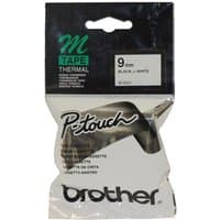 Brother Tape Cartridge, 9mm, black on white, in clear packaging with P-touch branding and Brother logo.
