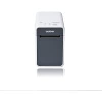White and gray Brother TD-2020 label printer with front slot and control buttons on top.