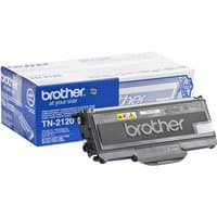 Brother TN-2120 black toner cartridge with branded packaging, gray and black design, compatible with laser printers.