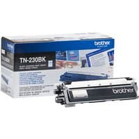 Brother TN-230BK black toner cartridge with white label, next to branded blue and white packaging box.
