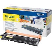 Brother TN-230Y yellow toner cartridge with black casing and orange cap, shown with branded packaging box.