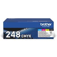 Brother TN-248VAL toner cartridge set, black, cyan, magenta, yellow, in blue box with CMYK text and branding.