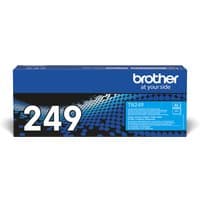 Brother TN-249C cyan toner cartridge in blue box with white text and dot pattern design.