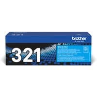 Brother TN-321C toner cartridge in cyan, rectangular box with blue and black design, large "321" text.