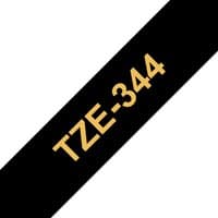 Brother TZE-344 label tape, gold text on black, 18mm width, 8m length, for label makers.