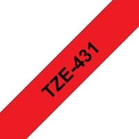 Brother TZE-431 label-making tape, black text on red background, diagonal orientation.