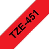 Black text "TZE-451" on red Brother label-making tape, angled across the image.