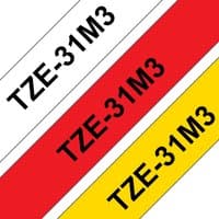 White, red, and yellow Brother TZE31M3 label-making tape with bold black text.
