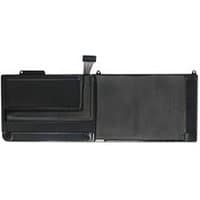 Black rectangular 6-cell battery for MacBook Pro, featuring connector cable and compartmentalized design.