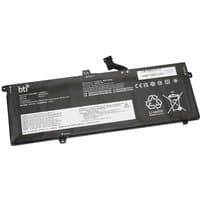 Black BTI 6-cell battery for ThinkPad X395 X390 X13, with white labels and connector cable on top edge.