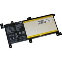 Black BTI 38Wh 2-cell battery with yellow and white label for ASUS VIVOBOOK X556, rectangular shape with mounting tabs.