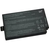 Black BTI 9-cell battery for GETAC B300 with labeled specifications and safety icons on the surface.