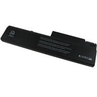Black BTI 6-cell laptop battery with white text and connector on one end, rectangular shape.