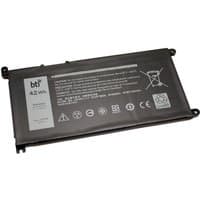 Black BTI 42Wh 3-cell battery for DELL Chromebook 3400, rectangular with printed specifications and safety icons.