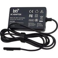 Black BTI 65W AC adapter for Microsoft Surface Pro 4 and 5, with UK plug, rectangular shape, and attached power cable.