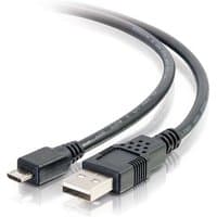 Black C2G 6.6ft USB 2.0 A to Micro-B cable with textured connectors and flexible sheath.
