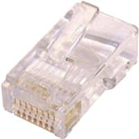 Clear Cablenet Cat5e RJ45 UTP round crimp plug with solid connectors and transparent casing.