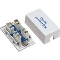 White Cablenet Cat5e UTP junction box with IDC punchdown, exposed wiring slots, and labeled removable cover.