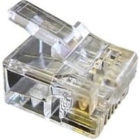 Transparent Cablenet RJ12 6P6C crimp plug with a rectangular shape and visible metal contacts.