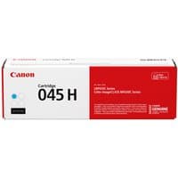 Canon 045 H Original Cyan toner cartridge in white and red box with product details and Canon logo.