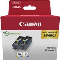 Canon 1511B025 ink cartridge pack with two black cartridges, labeled 36, in a red and white box with savings label.