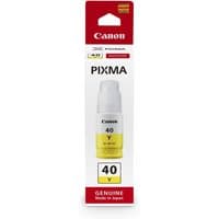 Yellow Canon GI-40Y ink bottle, 70ml, in white and red packaging with Pixma branding and 40Y label.