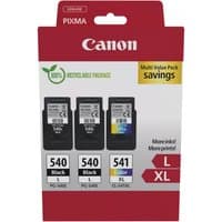Canon ink cartridge pack with two black and one color cartridge, labeled 540 and 541, in red and white packaging.