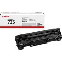 Canon 725 black toner cartridge with white packaging box, red Canon logo, and model details.