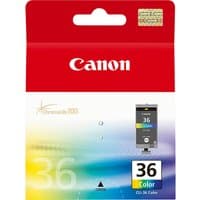 Canon CLI-36 C/M/Y Colour Ink Cartridge in red packaging with rainbow gradient and Canon logo.