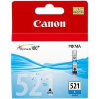 Canon CLI-521C cyan ink cartridge in red and white packaging with blue water design and ChromaLife100+ logo.