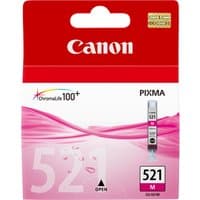 Canon CLI-521M magenta ink cartridge in clear casing, packaged in red and white box with pink design.