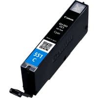 Black Canon CLI-551C cyan ink cartridge with blue label and QR code, transparent ink level window, and plastic clip.