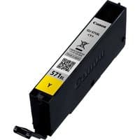 Canon CLI-571XL yellow ink cartridge, rectangular black casing, yellow label with model number and QR code.