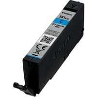 Black Canon CLI-581XXL cyan ink cartridge with label, QR code, and blue accents.