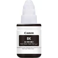 Canon GI-490BK black ink bottle with white label and black cap, featuring Canon logo and product details.