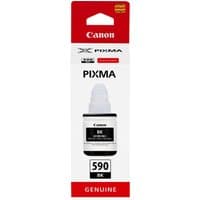Canon GI-590 black ink bottle with white cap, in red and white packaging, labeled for PIXMA printers.
