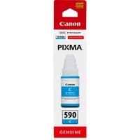Canon GI-590 Cyan Ink Bottle with white cap, blue label, and red packaging.