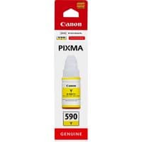 Canon GI-590 yellow ink bottle in white packaging with red accents and PIXMA branding.