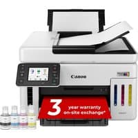 Canon MAXIFY GX6150 Inkjet printer, white with black accents, LCD screen, ink bottles, and paper tray.