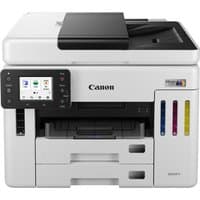 Canon MAXIFY GX7150 white inkjet printer with touchscreen, dual paper trays, and visible ink tanks on the side.